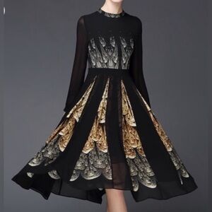 Gyalwana Stylewe Black Peacock Long Sleeve Dress
